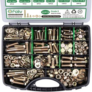 FOLIV 523pcs Grade 8 Heavy Duty Bolt & Nut Assortment Kit - Durable Alloy Steel, SAE Hex Sizes 1u002F4