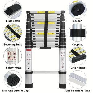 16.4FTu002F5M Aluminum Alloy Telescopic Ladder With Hooks, 13 Steps Telescoping Straight Ladder Folding Ladder For Loft Accessing, Window Cleaning, Building Maintenance Tasks