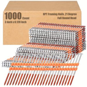 1000 Count 21 Degree Framing Nails Full Round Head Collated Framing Ring Shank Hot Dipped Galvanized Nails Plastic Row Fixed For All Pressure Treated Lumber (3 Inch X 0.120 Inch)