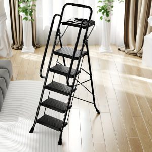 TOOLF Sturdy Steel 5 Step Ladder, Folding Step Stool With Handrail, Anti-Slip Wide Pedals, Safe-Lock Design, Pass 800lbs Load Testing, Portable Ladder For Multi-Purpose In Home, Kitchen