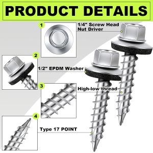 500pcs Galvanized Hex Head Roofing Screws - Self-Starting Tapping Siding Sheets with Rubber Washer Seals for Wood Panels, Zinc Coated Black & Red, 10x1, Easy Install Roofing Hardware, Roofing Screws for Roofing, Sleek Screw Design, Durable Construction