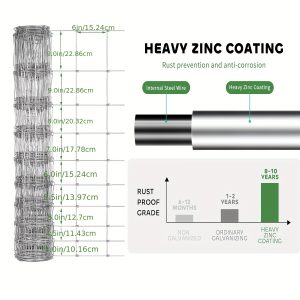 Farm Fence 5x164FT, 2.2-2.0mm Wire Diameter Galvanized Wire Fencing, 15cm Hole Spacing Zinc Coated Cattle Fences Used To Hog Goat Fencing For Yard Garden And Field