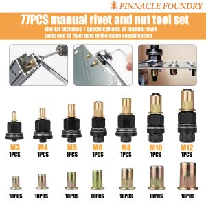 77pcs Manual Rivet Nut Tool Set, Full-Size Combination Kit with 7 Sizes (M3-M12) for Metal Sheet Joining and Fixing, Automotive & Industrial DIY Tools