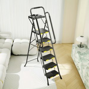 TOOLF 6 Step Ladder With Tool Platform, Folding Step Stool With Handrails, Sturdy Steel Ladder With Wide Pedal, 800 LBS Portable Safety Ladder For Adults Painting Home Outdoor Garage