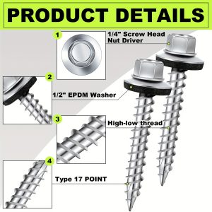250pcs Heavy-Duty Galvanized Zinc-Coated Hex Head Roofing Screws with Self-Tapping Thread & Rubber Washers - #10 x 1-1u002F2