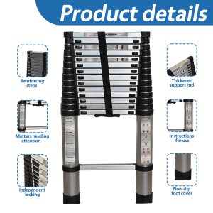 14.5ft Heavy Duty Aluminum Telescoping Ladder - 330 LB Load Capacity, Collapsible Extension Ladder with Reinforced Frame & Non-Slip Rubber Feet, Adjustable Height, Lightweight 21 lbs, One-Key Lock, Compact Storage for Household, Outdoor, RV, DIY Use, Robust Construction, Rv Accessory, Sturdy Build, Home Improvement