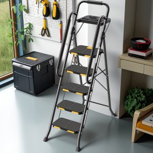 KINGRACK 5 Step Folding Ladder With Handrails & Tool Platform, Heavy-Duty Steel Ladder For Home, Outdoor & Garage, 800 LBS Capacity, Black