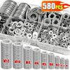 580pcs 304 Stainless Steel Flat Washer Set, Durable Material, Polished Surface, O-Ring Fastener Spacer Set with Storage Box, Includes 9 Common Sizes (M2-M12), Suitable for Outdoor Architecture Home Decor, Factory Maintenance, Kitchen, DIY Projects