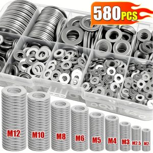 580pcs 304 Stainless Steel Flat Washer Set, Durable Material, Polished Surface, O-Ring Fastener Spacer Set with Storage Box, Includes 9 Common Sizes (M2-M12), Suitable for Outdoor Architecture Home Decor, Factory Maintenance, Kitchen, DIY Projects